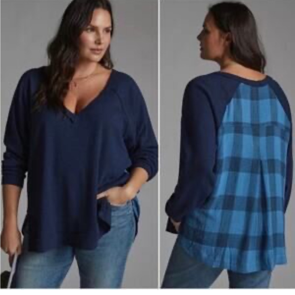Anthropologie Pilcro Blue V Neck Buffalo Plaid